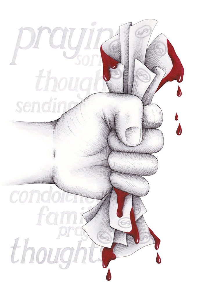 'Thoughts, Prayers, and Blood Money' Watercolor/Pen and Ink Illustration